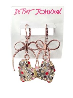 Betsey Johnson Rose Gold Bow Earrings with Multicolor Crystal Hearts
